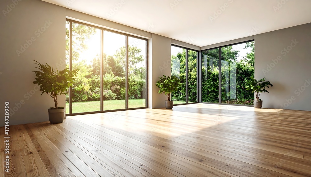 Fototapeta premium Empty room of modern contemporary loft with plants on wooden floor