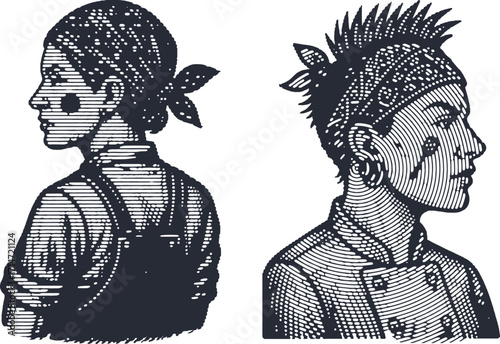 Culinary Contrast in Engraved Line Art. Profile portraits of a punk chef and a classic cook in a striking black and white vintage woodcut style illustration.