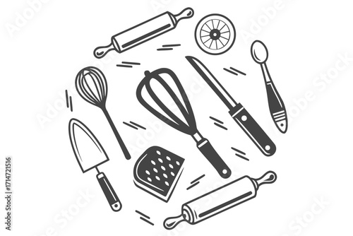 A vector icon set of kitchen tools including a fork, spoon, and knife isolated on a white background