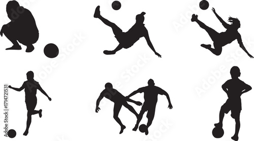 Dynamic football player silhouettes in action poses isolated on white background