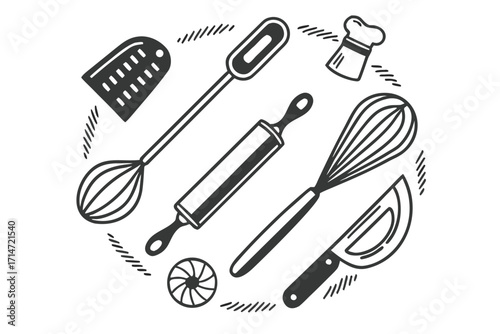 A modern kitchen utensils set with a spatula, knife, and fork, for cooking and dining