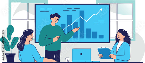 Modern office meeting illustration with diverse professionals collaborating effectively