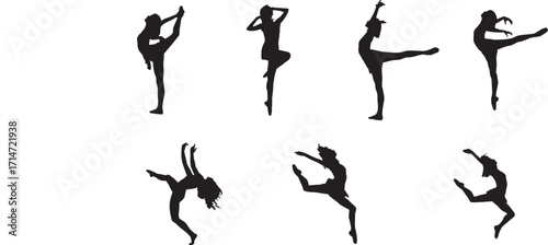 Diverse group gymnastics poses silhouettes displayed artistically isolated on white background