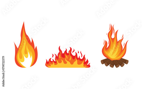 Realistic vibrant burning fire flames with glowing embers and charred wood isolated on white background