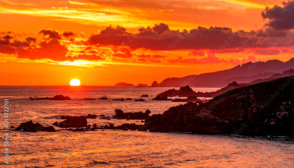 Obraz premium Stunning fiery red sunset over rocky coastline with glowing clouds and calm sea