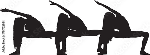 Dynamic silhouette of women engaged in various dancing poses isolated on white background