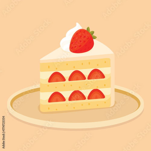 A delicious slice of strawberry shortcake with layers of sponge cake, cream, and fresh strawberries, topped with whipped cream and a whole strawberry.