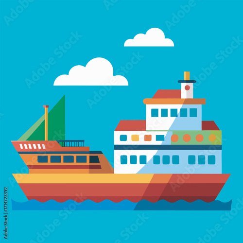 Flat Vector Design of Boats and Lighthouse on Sea