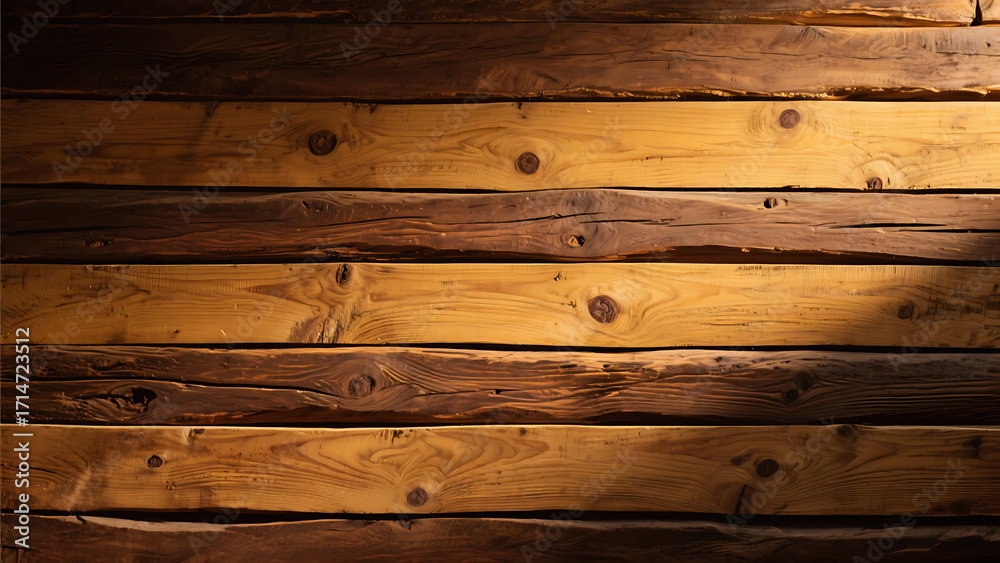 Fototapeta premium Close up of a wooden wall with horizontal planks and visible wood grain and knots in warm lighting