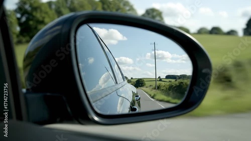 Scenic Countryside Reflected in Car Side Mirror on a Sunny Day.