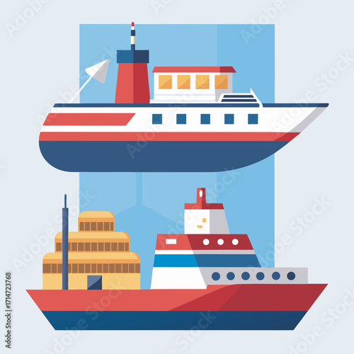 Colorful Nautical Illustration with Ships and Lighthouse