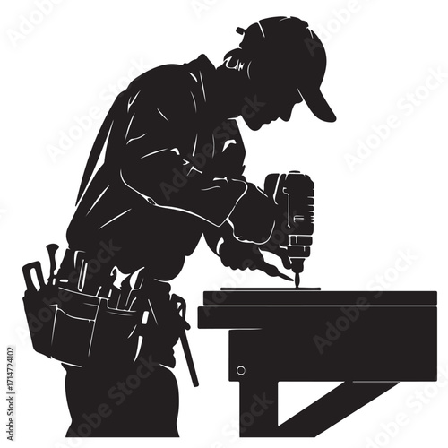 Carpenter using power drill on wood construction woodworking