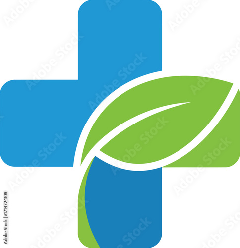 Vector art of health logo with cross and leaf for medical and nature business on a transparent background
