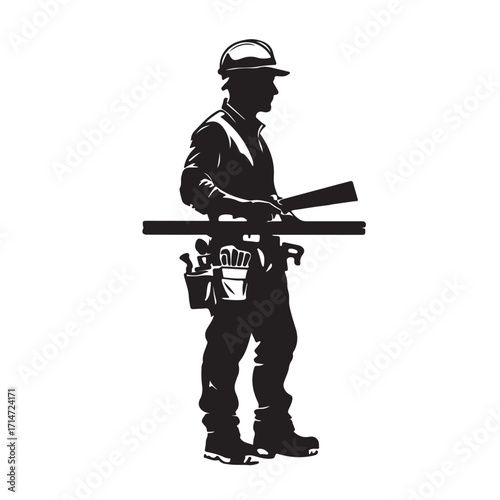 Construction worker holding blueprints and tools silhouette
