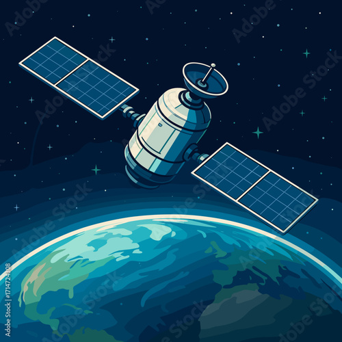 Colorful illustration of a satellite orbiting Earth against a starry background