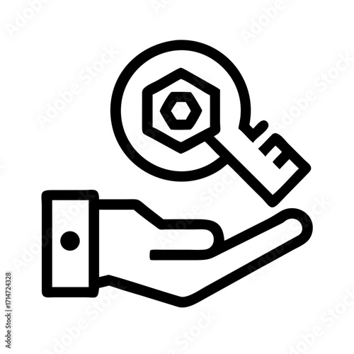 Vector art of hand holding key icon symbolizes security, access, and control, representing solutions, unlocking opportunities, and granting permission
