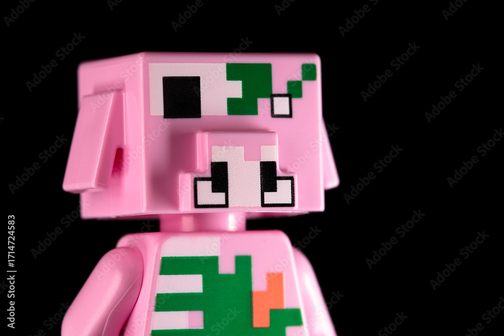 Obraz premium LEGO Minecraft Zombie Piglin rotated face close-up on a black background