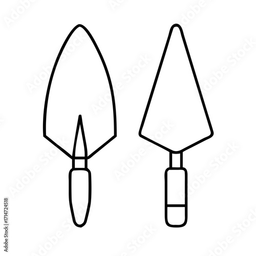 Vector art of two trowels, essential gardening tools for planting, transplanting, and cultivating soil in flower beds and vegetable gardens