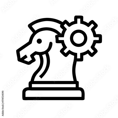 Vector art of a strategic approach is depicted with a chess knight and gear, , symbolizing planning and execution in business