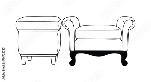 Simple line drawing of a vintage armchair and matching ottoman