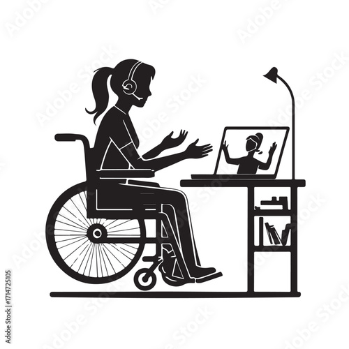 Person in wheelchair video conferencing headset laptop