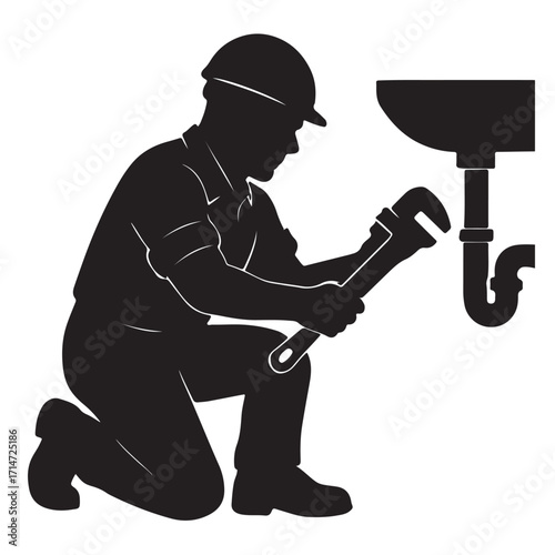 Plumber fixing pipe under sink wrench repair