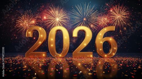 Happy New Year 2026 in shiny golden 3D letters with champagne glasses, golden confetti, and luxury bokeh lights on black background.