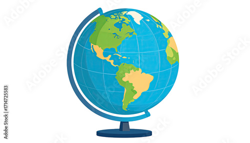 Cartoon globe on a stand.  Simple, colorful graphic
