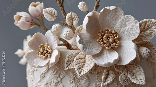 Close-up of a wedding cake decorated with fine sugar flowers, showcasing intricate details and delicate craftsmanship