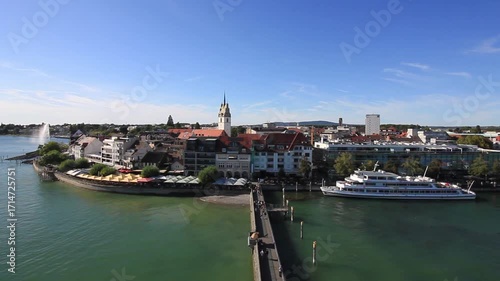 FRIEDRICHSHAVEN, GERMANY - SEPTEMBER 6, 2025: View of the Friedrichshafen harbor and old town from the observation tower on Lake Constance, Germany