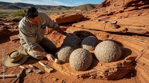 Archeologist man brushes ancient spherical artifacts in desert rocks discovery footage