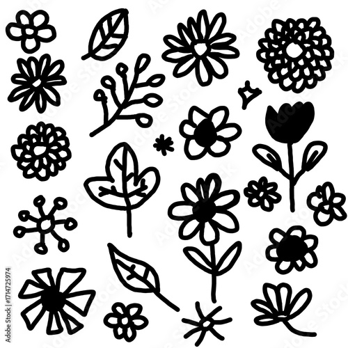 Set of cute flower element doodle hand draw isolated