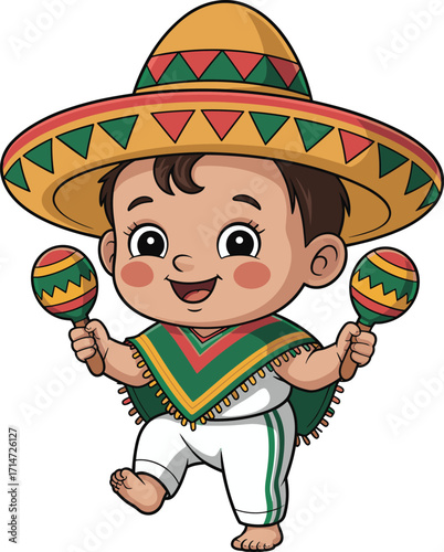 Cartoon Mexican child dancing, colorful sombrero, festive poncho, maracas in hand, traditional costume, vector illustration, kids coloring page, cultural celebration