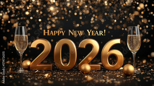 Happy New Year 2026 in shiny golden 3D letters with champagne glasses, golden confetti, and luxury bokeh lights on black background.