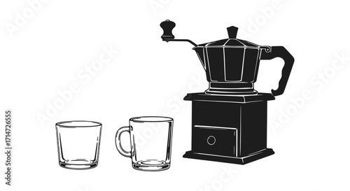 Vintage coffee grinder with two empty cups a simple black and white illustration
