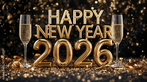 Happy New Year 2026 in shiny golden 3D letters with champagne glasses, golden confetti, and luxury bokeh lights on black background.