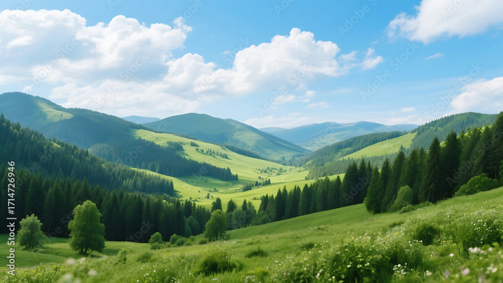 Fototapeta premium Landscape view of rolling green hills with forest and open meadow under a blue sky with white clouds