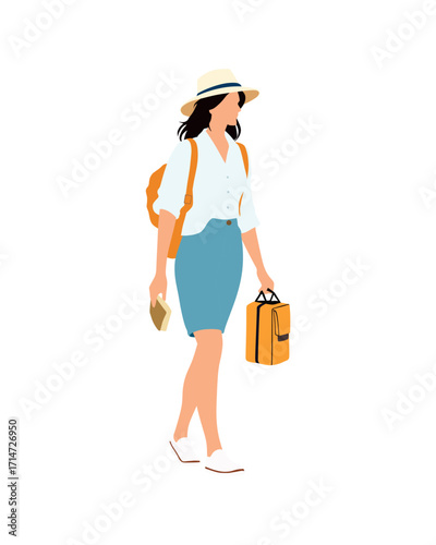 Flat vector people and illustration, woman with casual vacation outfit