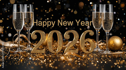 Happy New Year 2026 in shiny golden 3D letters with champagne glasses, golden confetti, and luxury bokeh lights on black background.
