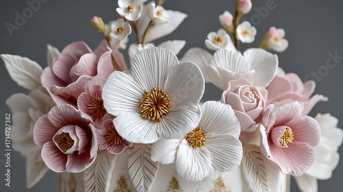 Close-up of a wedding cake decorated with fine sugar flowers, showcasing intricate details and delicate craftsmanship