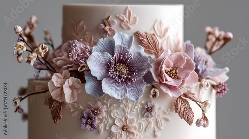 Close-up of a wedding cake decorated with fine sugar flowers, showcasing intricate details and delicate craftsmanship