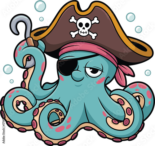 Cartoon pirate octopus, blue sea creature, pink spots, skull hat, eye patch, underwater bubbles, vector illustration, kids coloring page, marine theme