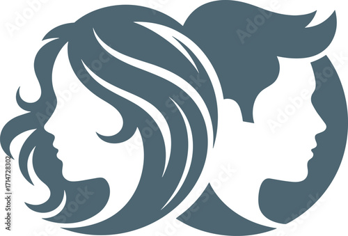 Stylized male and female profiles with elegant hair curves, circular composition symbolizing gender balance, unity, psychology, and relationship themes