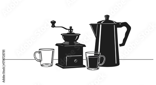 A vintage coffee still life featuring grinder pot and glasses
