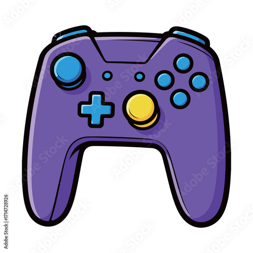 A vibrant and stylish cartoon game controller in a bright purple color with blue and yellow buttons, rendered in a modern, bold illustration style, symbolizing gaming and technology.