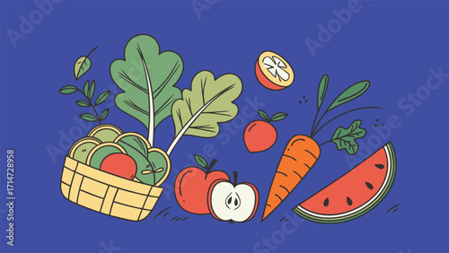 World Vegetarian Day concept artwork with fruit and vegetables in flat illustration cartoon design for poster web banners, book cover 