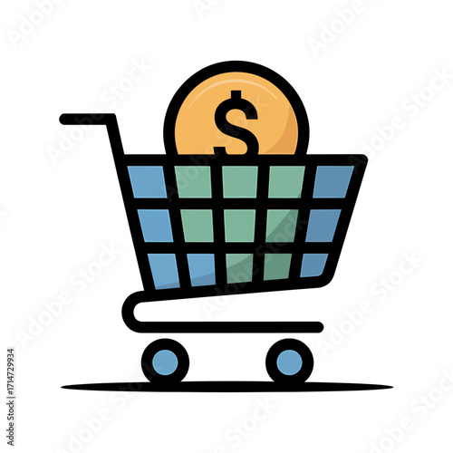 shopping cart with coin vector illustration symbolizing online shopping, ecommerce payment and retail