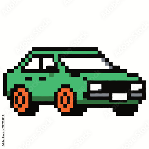 A cool pixelated illustration of a classic green car with orange wheels, rendered in a retro 8-bit aesthetic, symbolizing transport, vehicles, and a nostalgic, old-school feel.