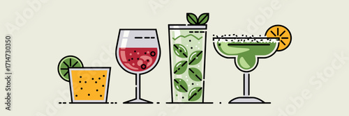 Colorful vector set of cocktails and wine glasses – Ideal for restaurant graphics, bar menus, or beverage advertising