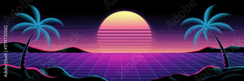 Retro vaporwave art with glowing sun and palm trees – Great for synthwave music visuals, digital posters, or nostalgic art themes